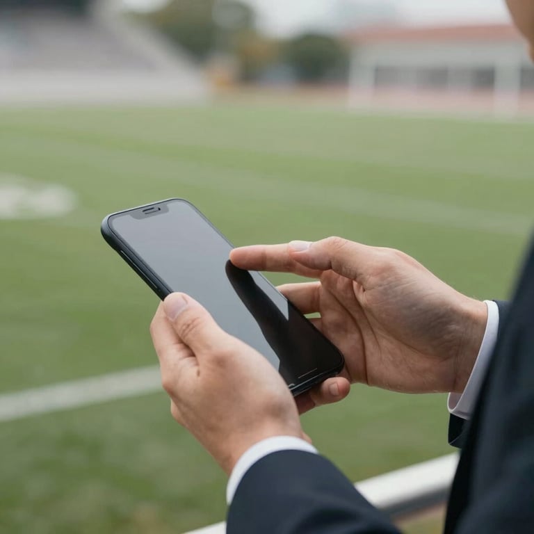 A close-up of a hand in a professional suit interacting with a mobile device, soft focus on a football field in the distance.