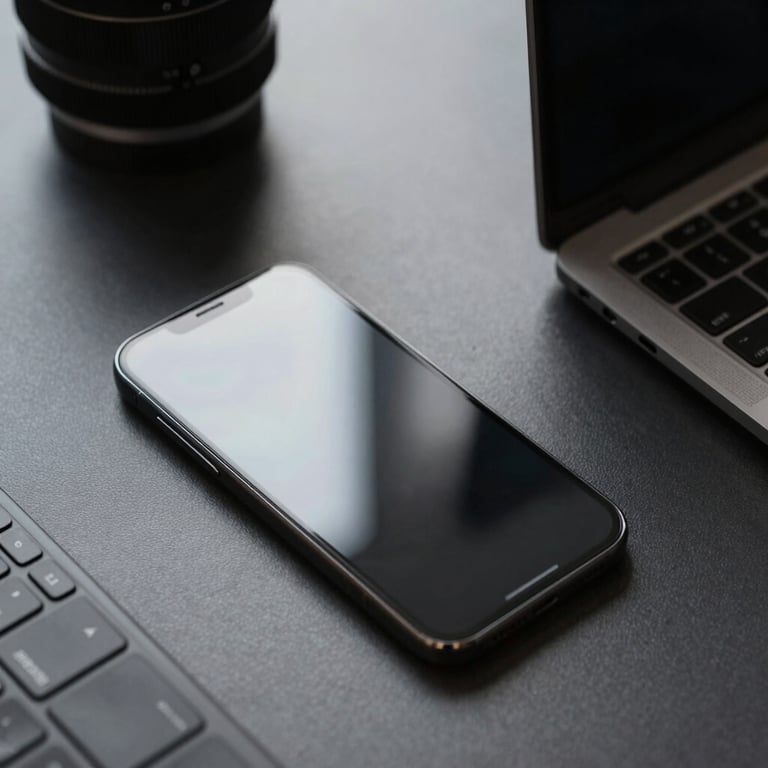 Top-down view of a minimalist workstation with a modern smartphone on a sleek surface, professional atmosphere.