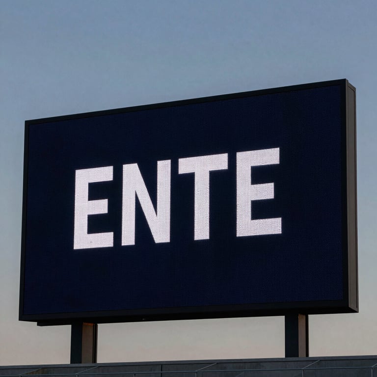A stadium scoreboard at twilight displaying text in crisp digital typography against a Dark Navy background.