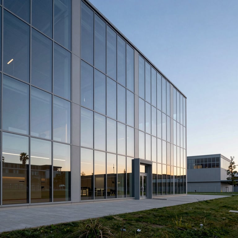 Modern architecture of a state-of-the-art sports complex with glass walls reflecting the Sky Blue horizon.