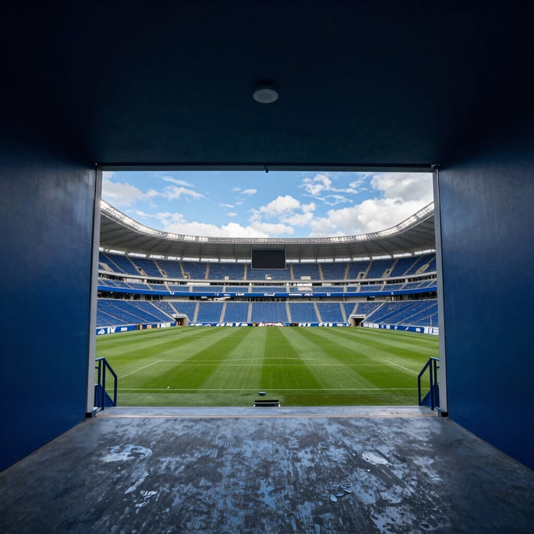 Professional football stadium tunnel looking out to the pitch, dramatic lighting with Deep Blue and Sky Blue hues, Hispanoamericano / Global.