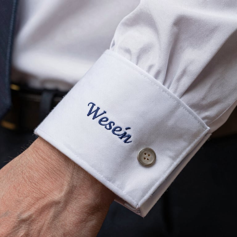 Detailed shot of a custom-made shirt cuff with personalized stitching. International / Western.