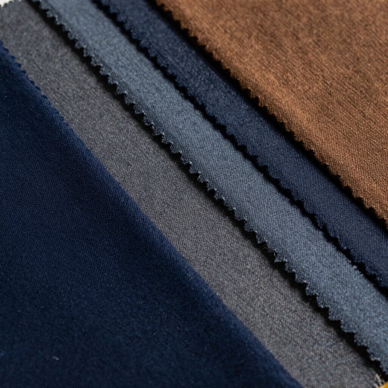 A collection of high-quality fabric swatches in navy, muted blue-gray, and bronze tones. International / Western.