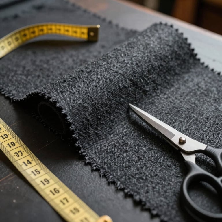 A close-up of a tailor's hand using a gold thimble to stitch a dark slate blue lapel. International / Western.