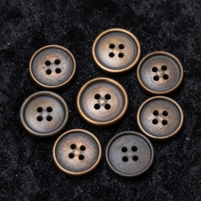 Macro shot of premium bronze and charcoal buttons arranged on a velvet cloth. International / Western.