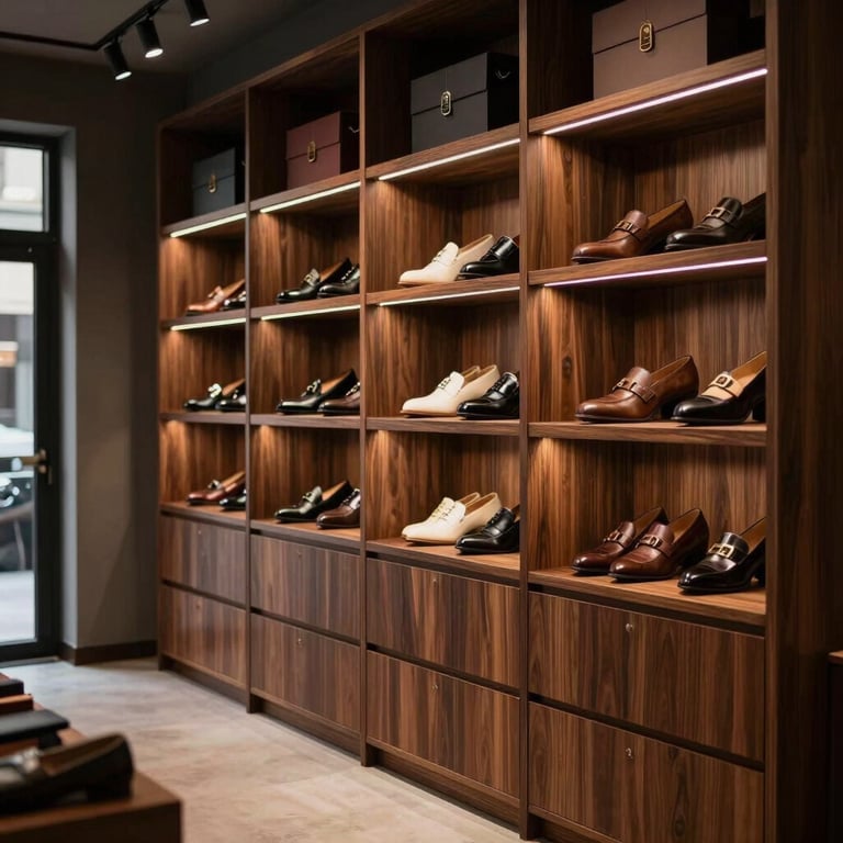 Interior of a sophisticated tailoring showroom with dark wood shelving and soft, warm lighting. International / Western.