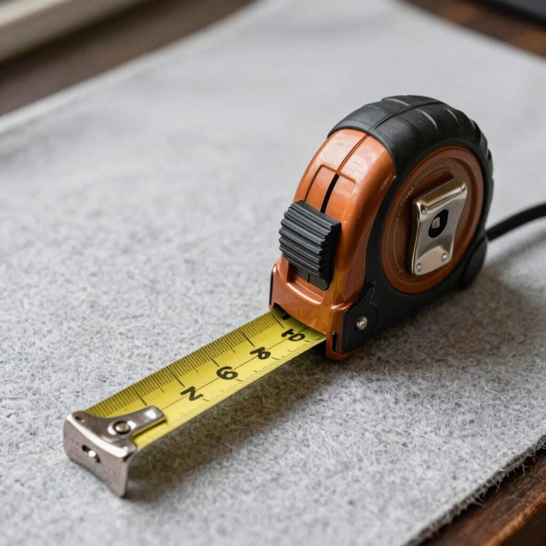 A professional bronze tape measure resting on a light gray wool fabric roll. International / Western.