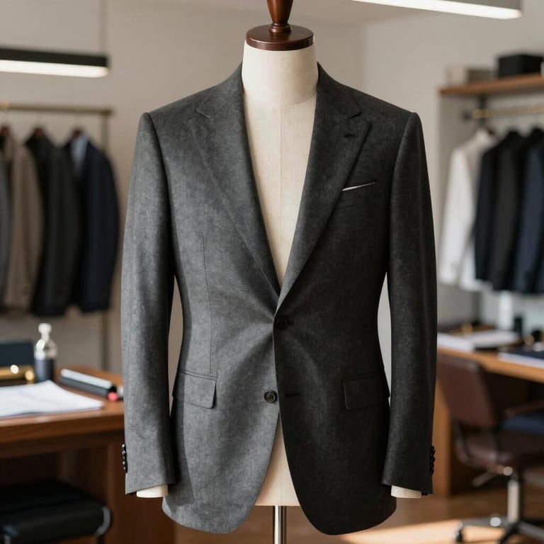 A bespoke charcoal suit jacket on a mannequin in a sunlit, high-end tailoring atelier. International / Western.