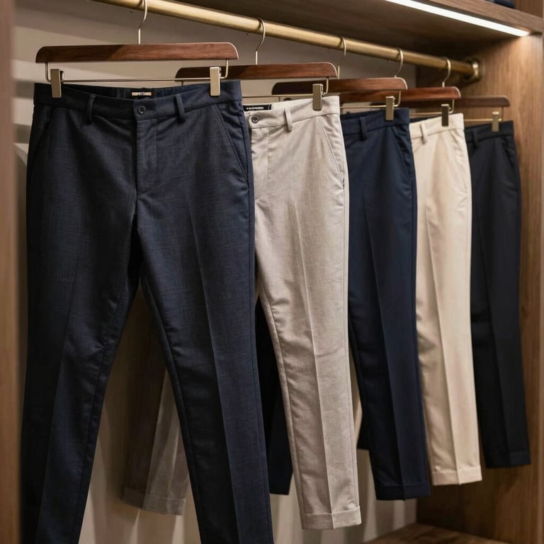 A row of impeccably tailored trousers hanging in a minimalist luxury boutique. International / Western.