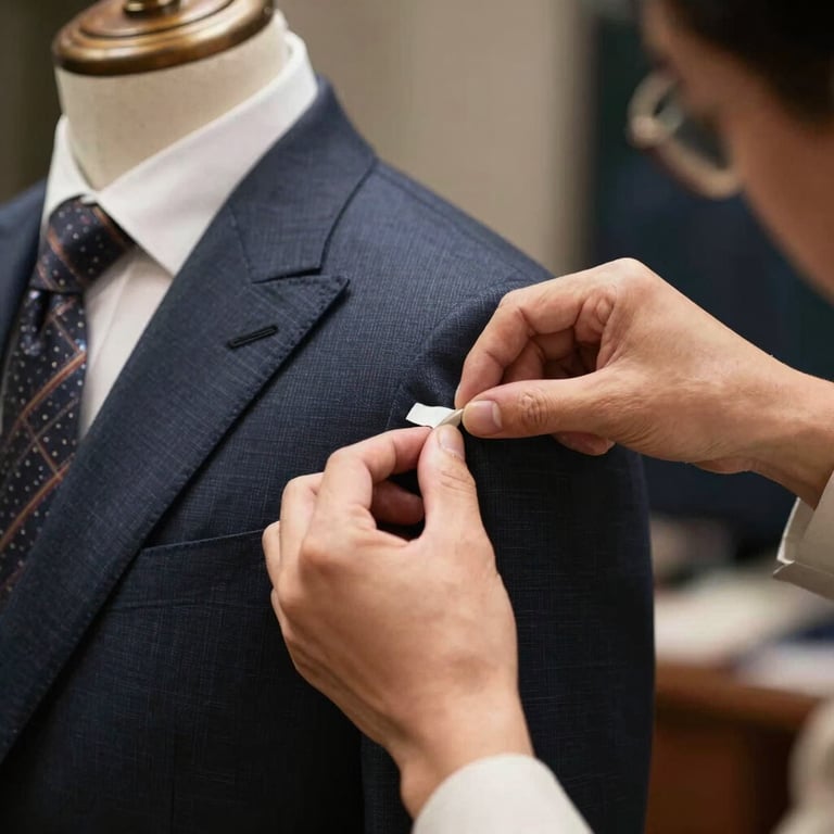 The expert hands of a master tailor adjusting the shoulder of a jacket during a fitting. International / Western.