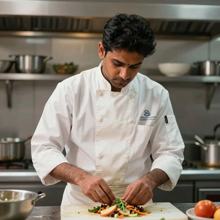 A skilled chef (Rasoiya) in a clean white uniform preparing food in a state-of-the-art South Asian / Indian hotel kitchen.