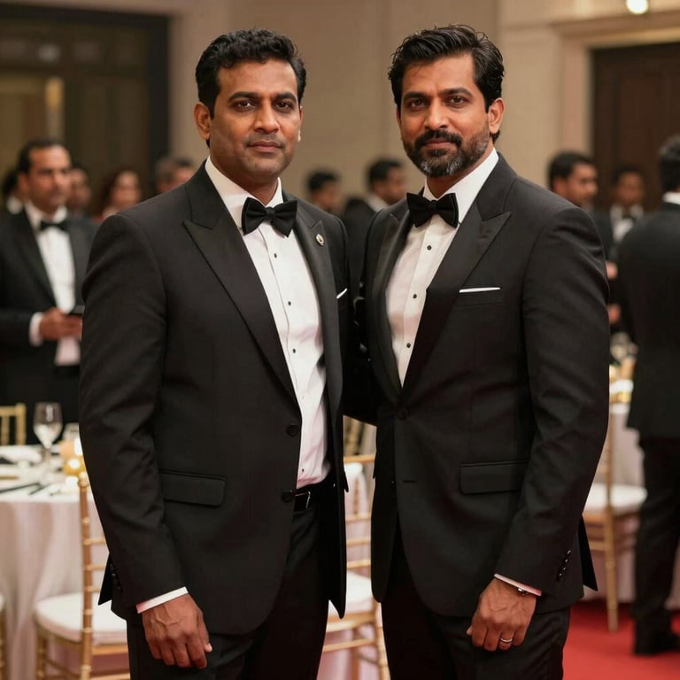 A strong bouncer in a professional black suit providing security at a high-profile South Asian / Indian corporate gala.