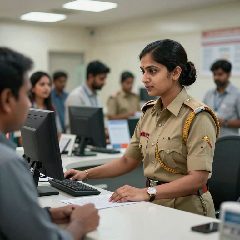 A professional lady guard in uniform assisting visitors at a busy South Asian / Indian hospital reception desk.