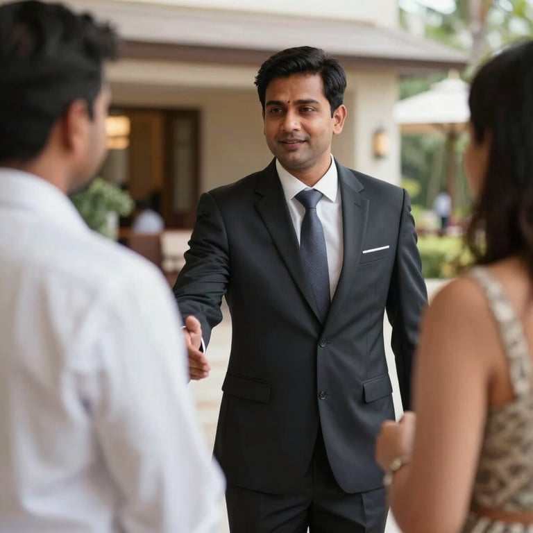 A dedicated hotel management professional in formal attire welcoming guests at a luxury South Asian / Indian resort.