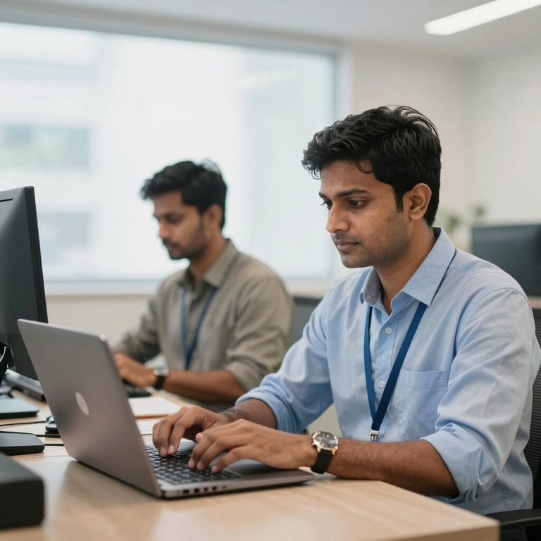 An efficient computer operator working on a modern laptop in a bright, clean South Asian / Indian office environment.