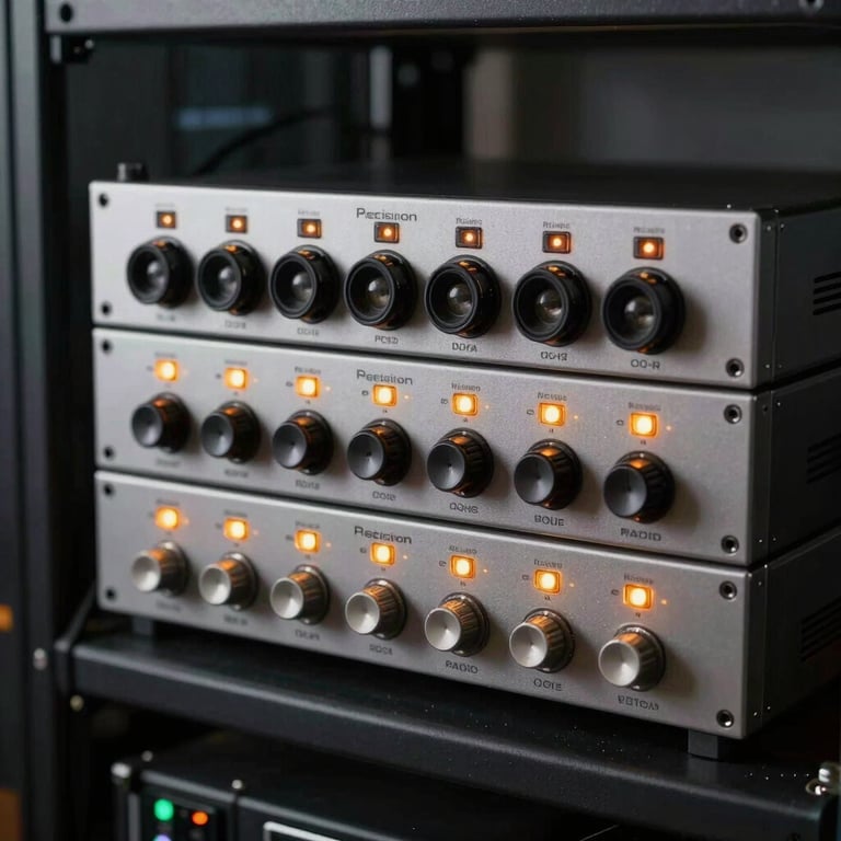 Precision rack-mounted audio interfaces with illuminated amber status lights in a dim machine room, technical professional aesthetic.