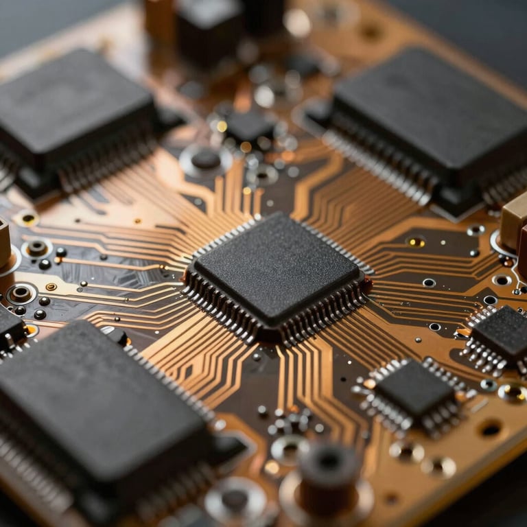 Detailed view of a circuit board with high-end components and clean solder joints, amber reflection on the copper traces.