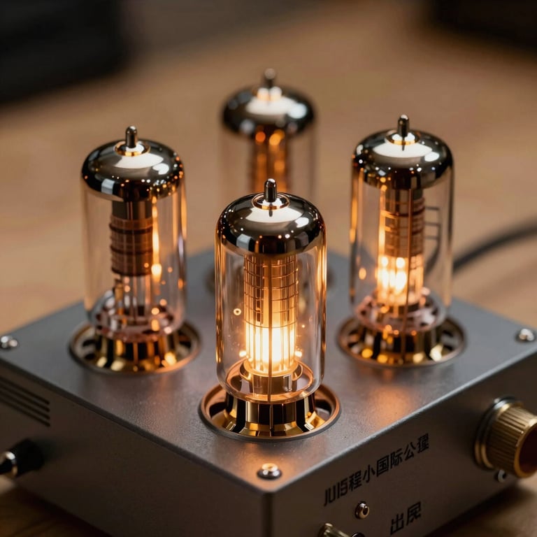 Macro shot of a high-end vacuum tube inside a preamplifier glowing with a warm amber light, dark gray chassis, Chinese / Mainland China recording studio.