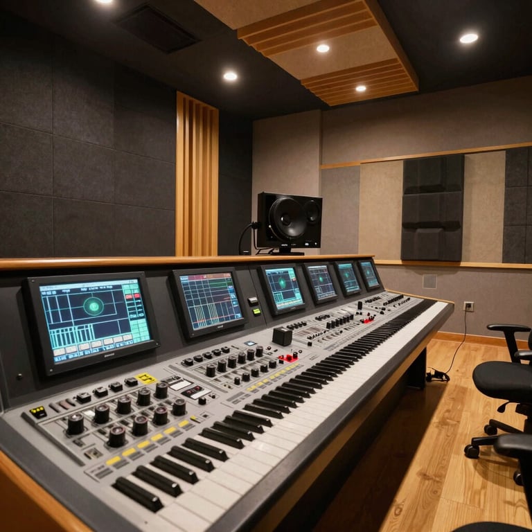 Perspective shot of a professional sound-isolated control room in Chinese / Mainland China with amber ambient lighting and dark gray acoustic treatments.