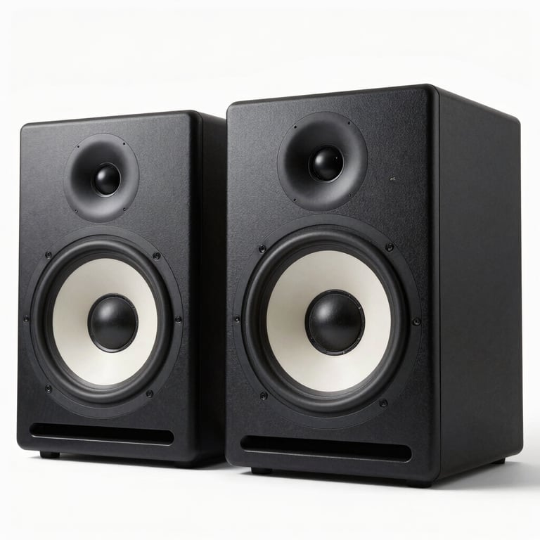 A pair of studio monitor speakers with matte black textures and exposed drivers, professional lighting highlighting the build quality.