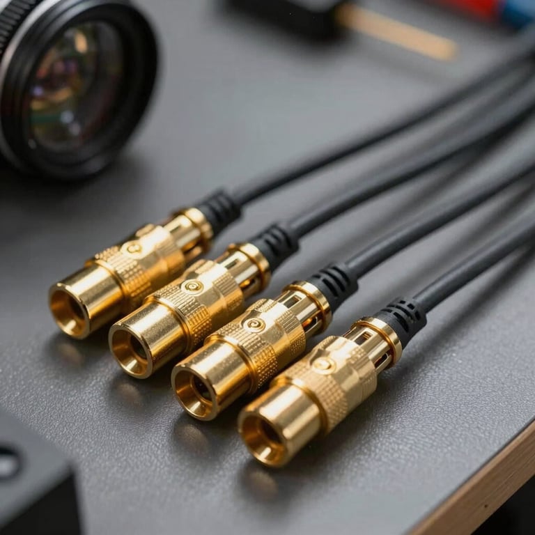 Gold-plated XLR connectors and high-fidelity cables arranged neatly on a dark gray workbench, focus on technical precision.