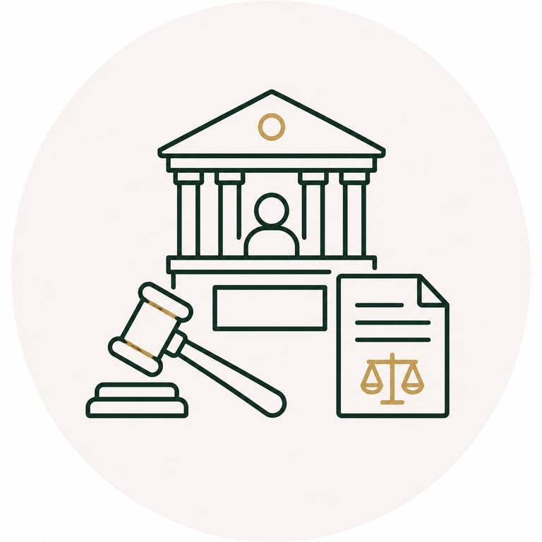 Legal icon featuring a courthouse, judge's gavel, and justice scale documents.