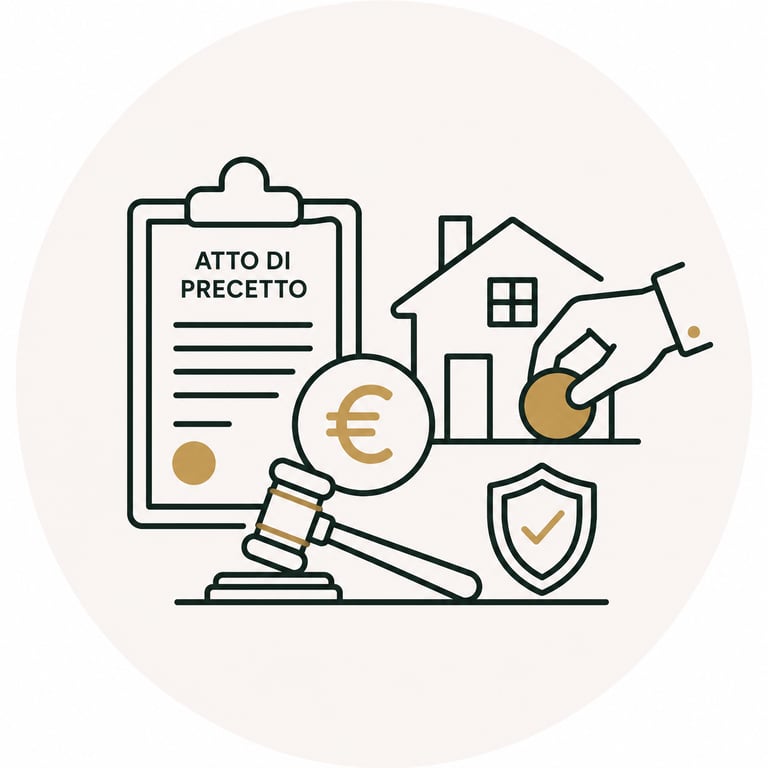 Icon representing atto di precetto legal procedure with house, gavel, and euro currency symbols.