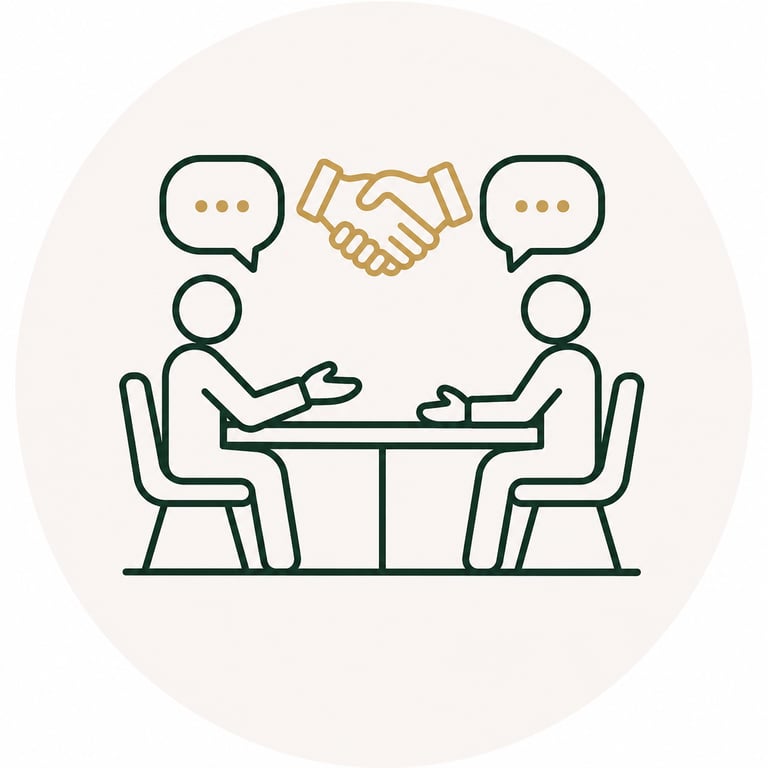 Business negotiation icon featuring two people talking at a table with a handshake and speech bubbles.
