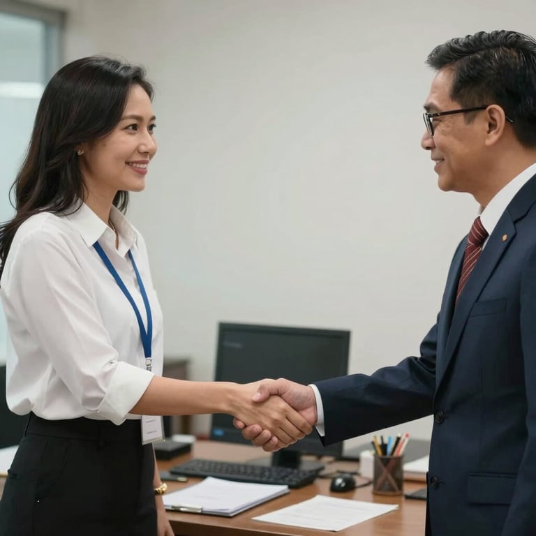 A teacher and a local Thai administrator shaking hands in a professional Southeast Asian / Thai office setting.