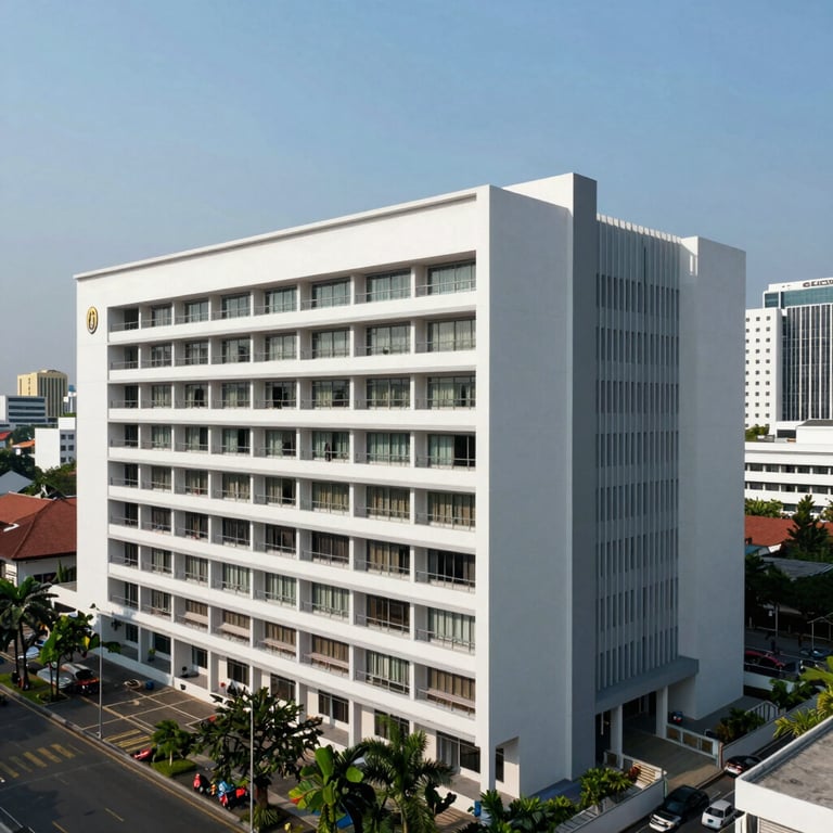 A modern city school building in a Southeast Asian / Thai urban area, bright and professional under a clear sky.