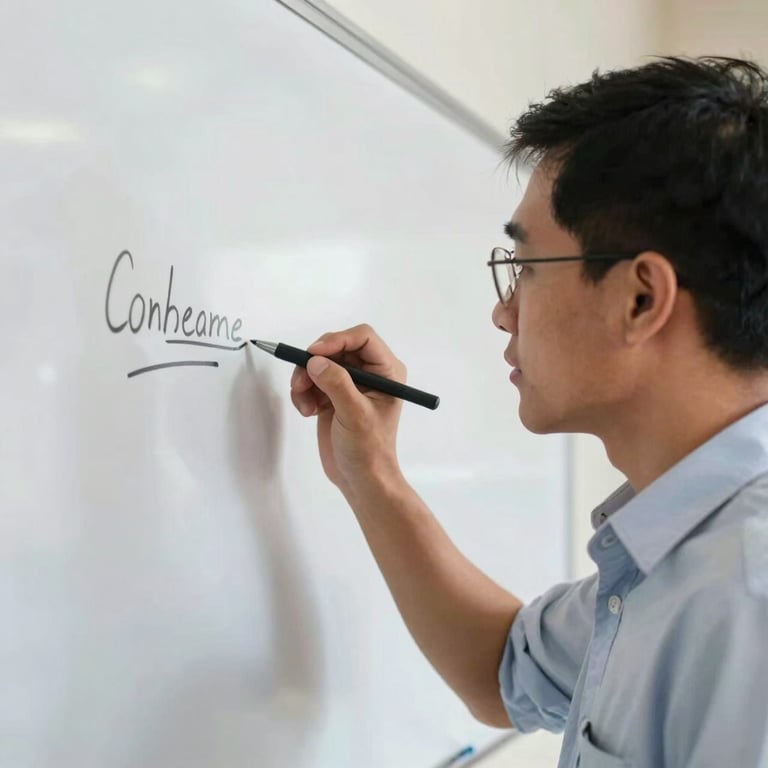 A close-up of a teacher writing on a whiteboard in a bright Southeast Asian / Thai school, focused and passionate.