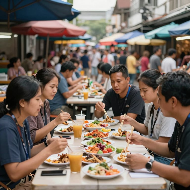 A group of diverse international teachers sharing a meal at a vibrant street market in a Southeast Asian / Thai town.