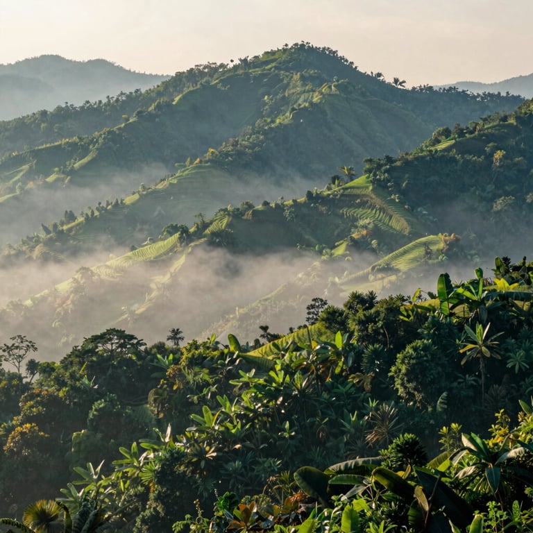 A lush green mountain landscape in Northern Thailand with Soft Cream morning mist and Deep Teal foliage.