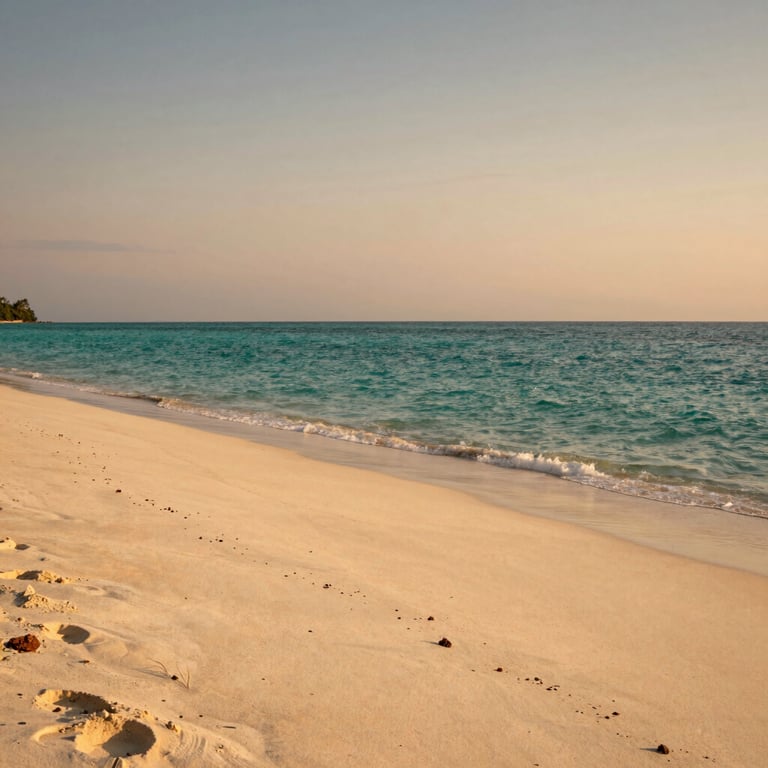A serene Thai beach at sunset with Warm Ivory sands and calm Deep Teal waters.