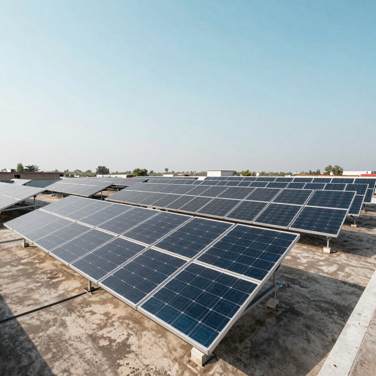 Rows of high-efficiency solar panels reflecting a clear Light Blue sky on a commercial rooftop in Pakistan.