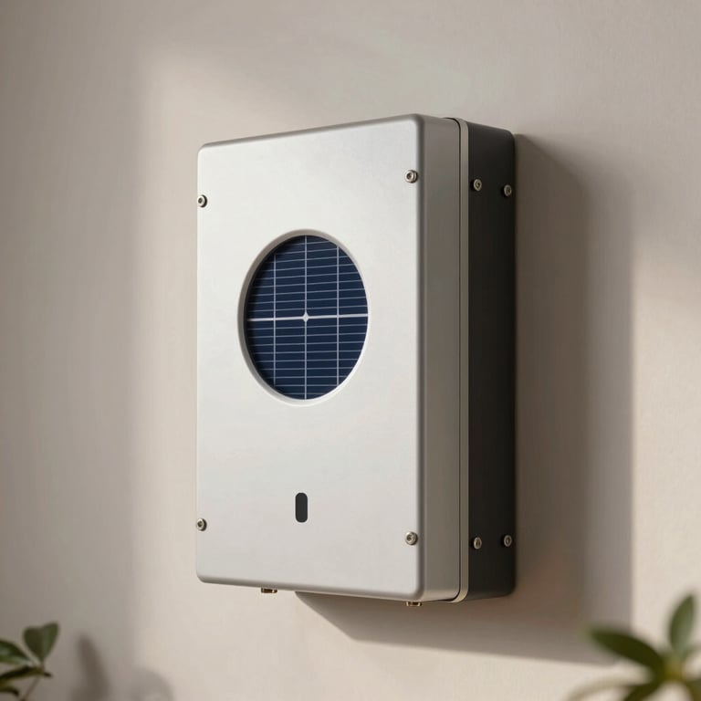 A high-tech solar inverter with minimalist design mounted on a light-colored wall in a South Asian / Pakistani home.