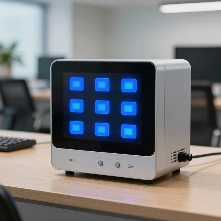 A modern energy monitoring device glowing with Medium Blue indicators in a professional South Asian / Pakistani office.