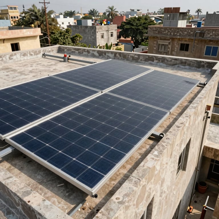 Professional installation of solar panels on a flat roof in a South Asian / Pakistani urban environment.