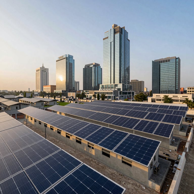 Wide-angle shot of a solar-powered commercial complex in a Pakistani business district at dawn.