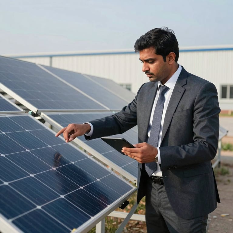 A South Asian / Pakistani professional in business attire reviewing solar installation progress at an industrial site.