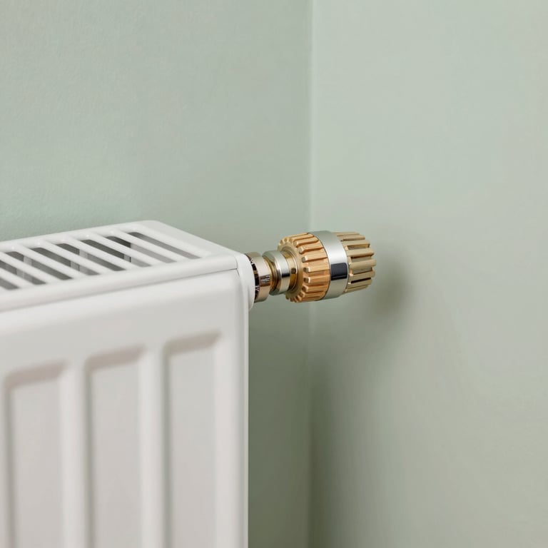 A sleek smart home radiator valve mounted on a modern white radiator, clean domestic interior, soft overcast daylight, 35mm lens