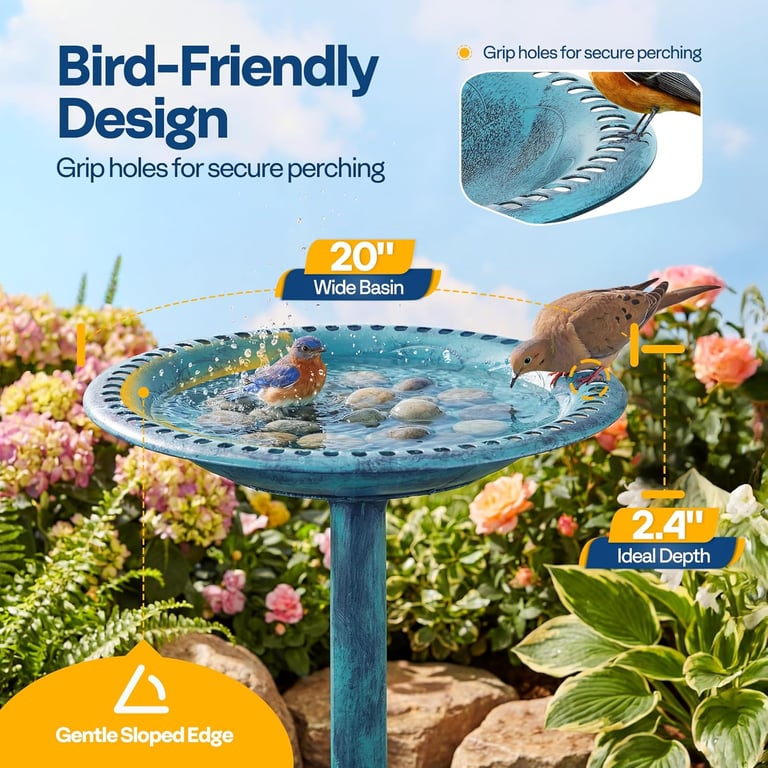 A 20-inch blue bird bath with grip holes and sloped edges for safe garden perching.