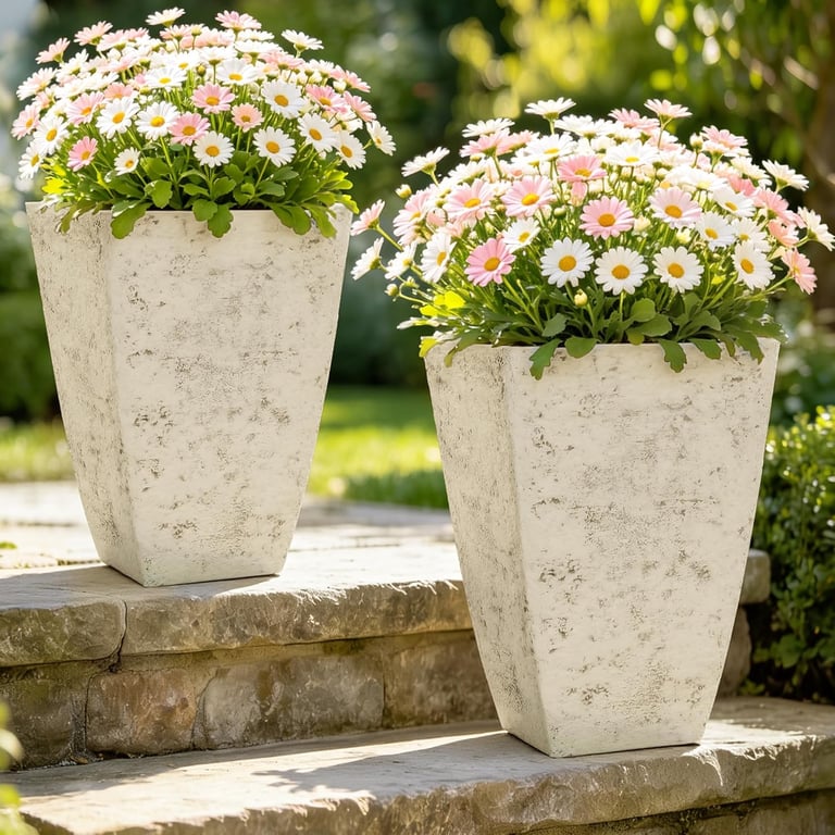 Pink and white daisy flowers in two tall stone textured planters on garden steps.