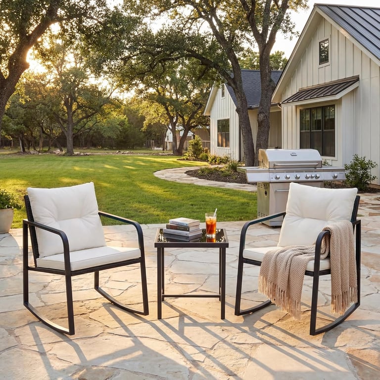 Outdoor patio set with two black metal rocking chairs and a side table on a stone terrace.