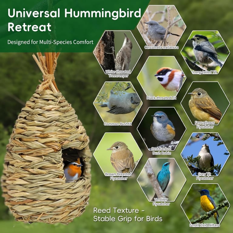 Woven reed hummingbird nesting pocket with photos of compatible wild bird species like flycatchers and tits.