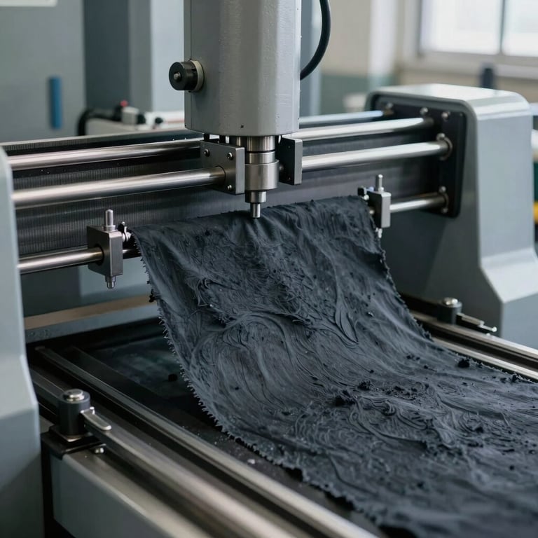 Heavy-duty mechanical tensile testing machine pulling a strip of dark charcoal canvas to its limit, steel clamps, cold workshop daylight.