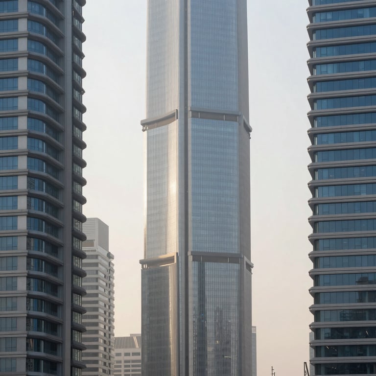 Abstract shot of modern tech architecture in a Middle Eastern tech hub, Pale Misty White and Muted Steel Blue tones.