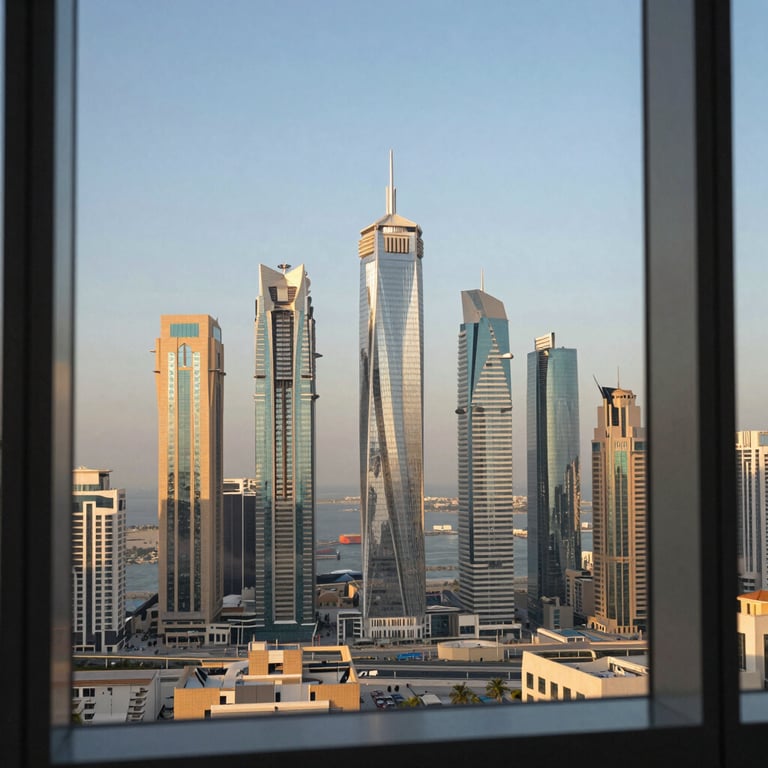 View from a modern office window overlooking a prestigious Middle Eastern / Gulf city skyline.
