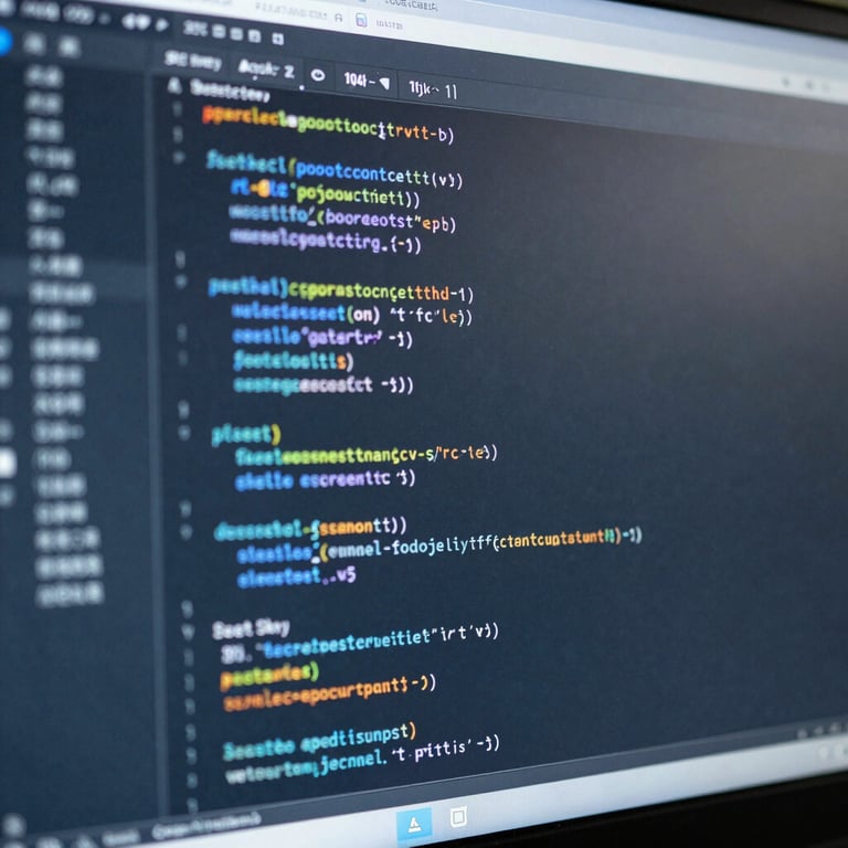 A close-up of professional software code displayed on a screen with Soft Sky Blue highlights.