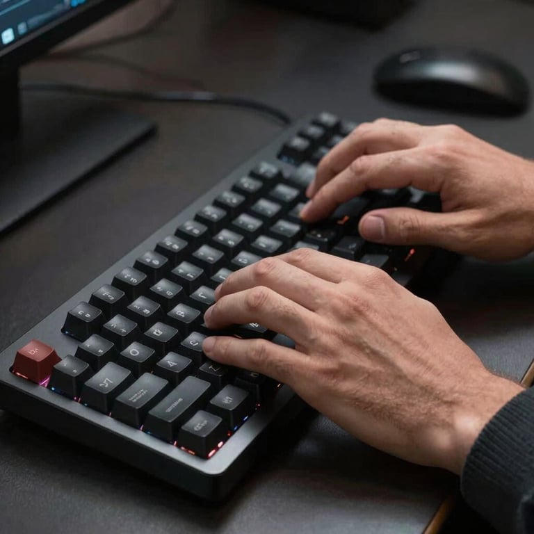 A programmer's hands typing on a high-quality mechanical keyboard in a professional setting.